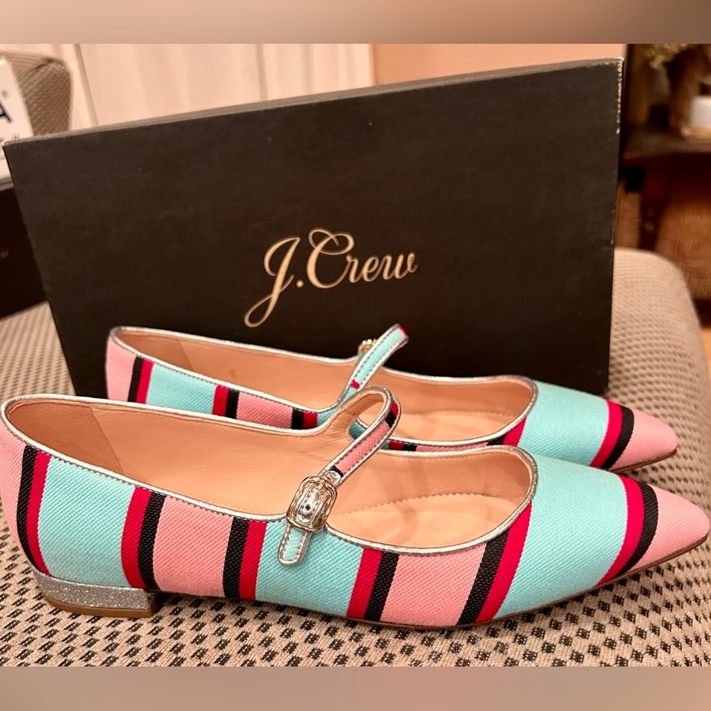 NIB J Crew Pointy Toe Mary Jane Flat in Stripe and Glitter Heel.